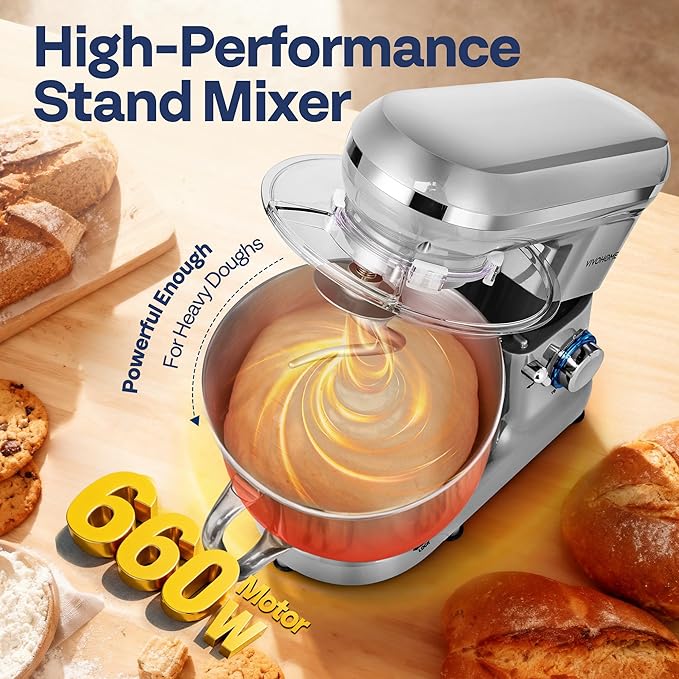VIVOHOME Stand Mixer, 660W 10 Speed 6 Quart Tilt-Head Kitchen Electric Food Mixer with Beater, Dough Hook, Wire Whip and Egg Separator, Silver
