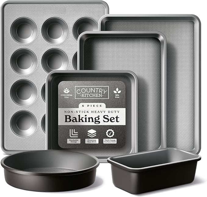 Country Kitchen Nonstick Stackable Bakeware Set - Durable, Easy Release Baking Set, Black, 6 Pcs