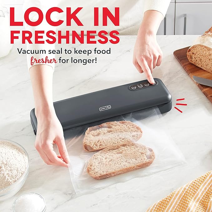 Dash SuperSeal Vacuum Sealer - Airtight Meal Packaging for Sous Vide & Safe Food Storage - Includes Single-Use & Reusable Bags - Gray