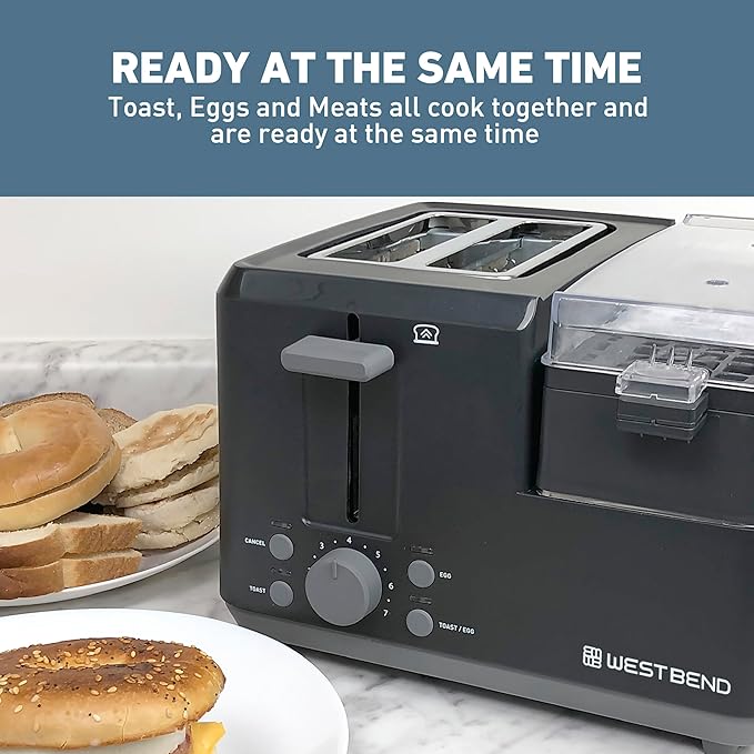 West Bend Breakfast Station 2-Slice Toaster and Egg Cooker/Poacher with Removable Pre-Cooked Meat and Vegetable Warming Tray for Perfect Breakfast Sandwiches, 1200-Watts, Black
