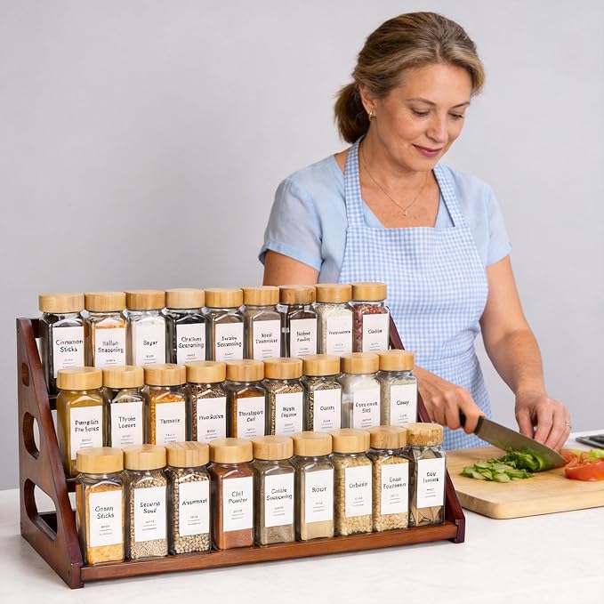 Spice Rack, Spice Organizer -3 Tier Bamboo Spice Racks, Solution for Spice Storage in Kitchens, Countertops，Storage Rooms and Other Places(Brown)