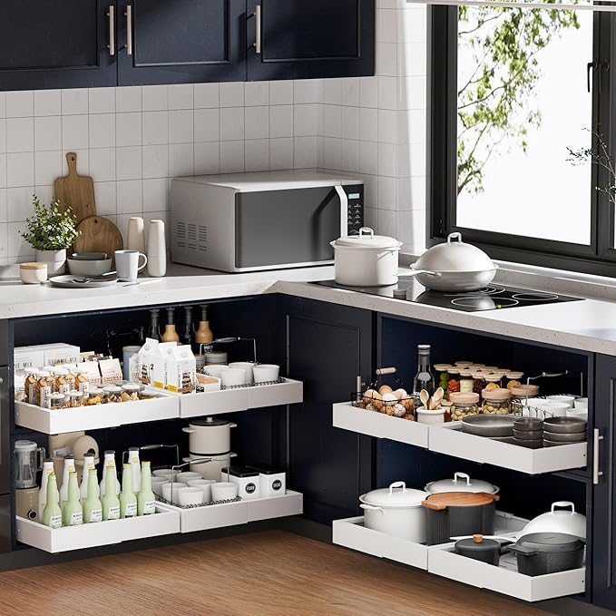 Pull Out Cabinet Organizer, 2 Pack Slide Out Drawer Expandable Width (10"-16") and Depth (17"-25") With 3 Slides, Fixed with Adhesive Film or Nail for Cabinets in Kitchen, Pantry or Bathroom