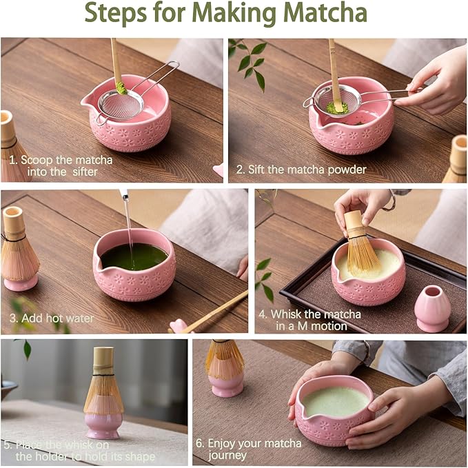 Buucup Matcha Whisk Set, Ceramic Matcha Kit Set Includes Matcha Bowl, Matcha Whisk and Holder, Bamboo Scoop, Scoop Rest, Sifter and Tea Towel - 7 Pcs Matcha Kit for Matcha Lovers (Pink)