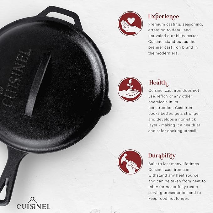 Cuisinel 12" + 10" + 8"-Inch Cast Iron Skillets Set with Braiser Lids + Silicone Handle Grips + Pan Scraper - Indoor/Outdoor Pre-Seasoned Kitchen Cookware - Oven, Fire, Stove Safe