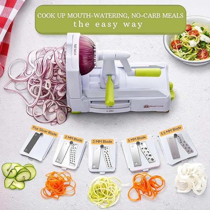 Brieftons 5-Blade Vegetable Spiralizer: Strongest-Heaviest Spiral Slicer, Best Veggie Pasta Spaghetti Maker for Low Carb/Paleo/Gluten-Free/Vegan Meals, With Extra Blade Caddy, 4 Recipe Ebooks