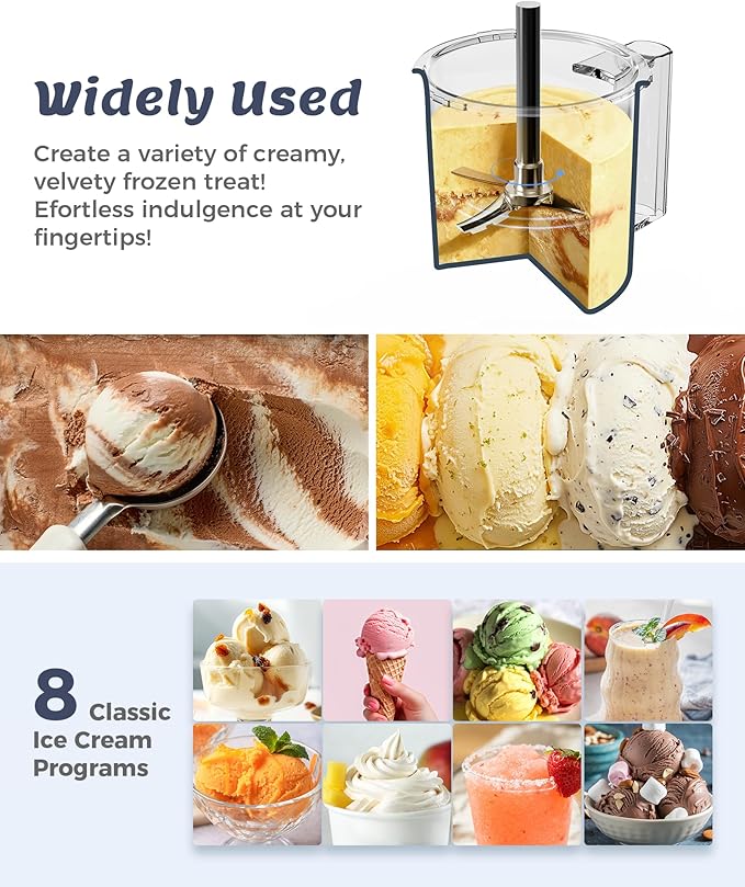 Alcarin Ice Cream Maker with 3 Pints(Not Freezer) Homemade Slushie Gelato Yogurt Sorbet Frozen Treat Machine 10 Pre-set Program Respin & Mix-in