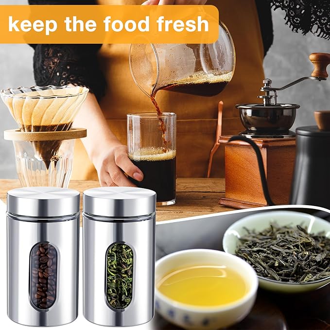 Mimorou 6 Pack Kitchen Canisters Set Airtight Coffee Sugar Tea Candy Storage Jars with Window Glass Stainless Steel Containers with Lids for Flour Cookies Spices Grains Kitchen Decorations(32 oz)