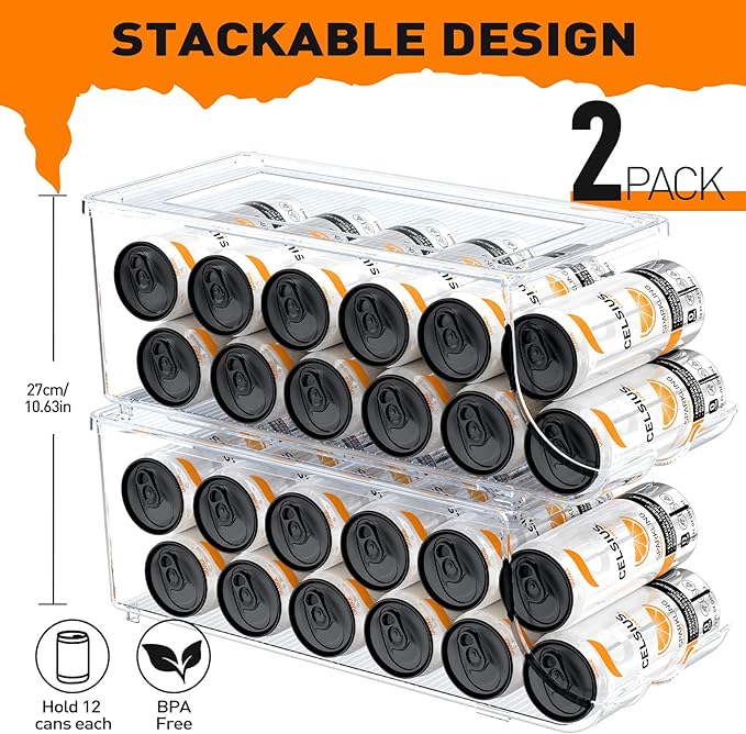 SCAVATA 2 Pack Skinny Can Organizer for Refrigerator, Stackable Tall Skinny Soda Pop Can Holder Dispenser with Lid for Fridge Pantry Rack Freezer, Clear Plastic Storage Bins-Holds 12 Slim Cans Each