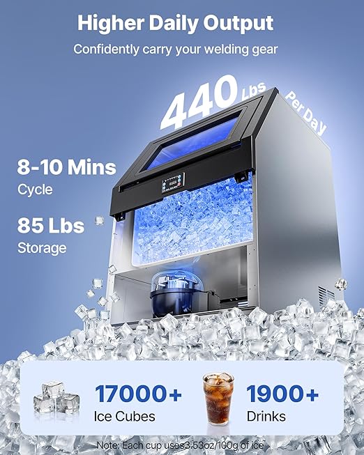 VEVOR Commercial Ice Maker Machine, 440 lbs/24h with 85 lbs Storage Capacity, Built-in/Freestanding/Under Counter, Stainless Steel Ice Maker with LED Display & Self-Cleaning, for Home Bar Restaurant
