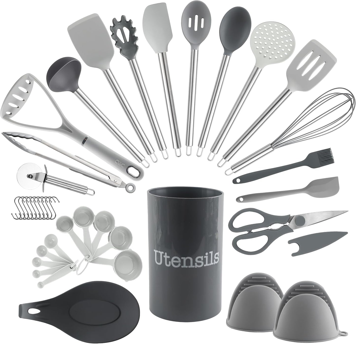 COOK WITH COLOR Silicone Cooking Utensils, Kitchen Utensil Set, Easy to Clean Silicone Kitchen Utensils, Cooking Utensils for Nonstick Cookware, Kitchen Gadgets Set, 38 Piece, Gray