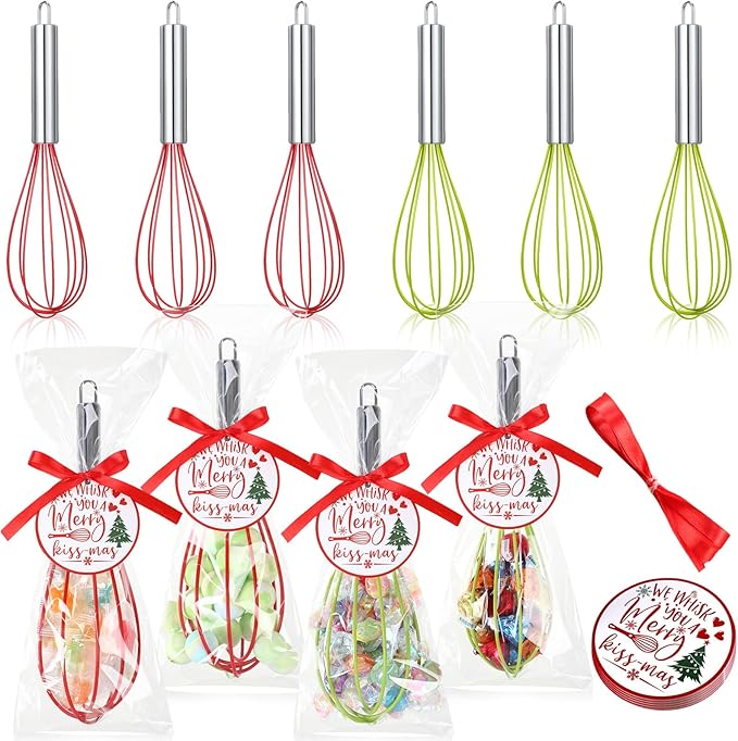 6 Sets 8 Inch Christmas Whisks Gifts DIY Fillable Christmas Tree Ornaments Xmas Colored Silicone Whisks for Cooking Heat Resistant Egg Beaters with Card Rope Bag for Candy Holder