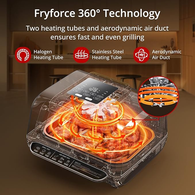 Indoor Grill Air Fryer Combo - 7-in-1 Smokeless Electric Air Grill with See-Through Window, Non-Stick Removable Plates, Even Heat, and Silicon Tongs - 4Qt, 1750W, Up to 450°F