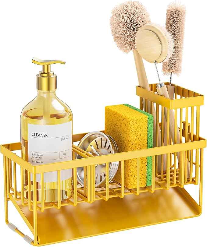 Cisily Yellow Sink Caddy Organzier with High Brush Holder, Sponge Holder for Sink, 304 Rustproof Stainless, Kitchen Countertop Soap Dispenser Organizer,Yellow Kitchen Decor and Accessories