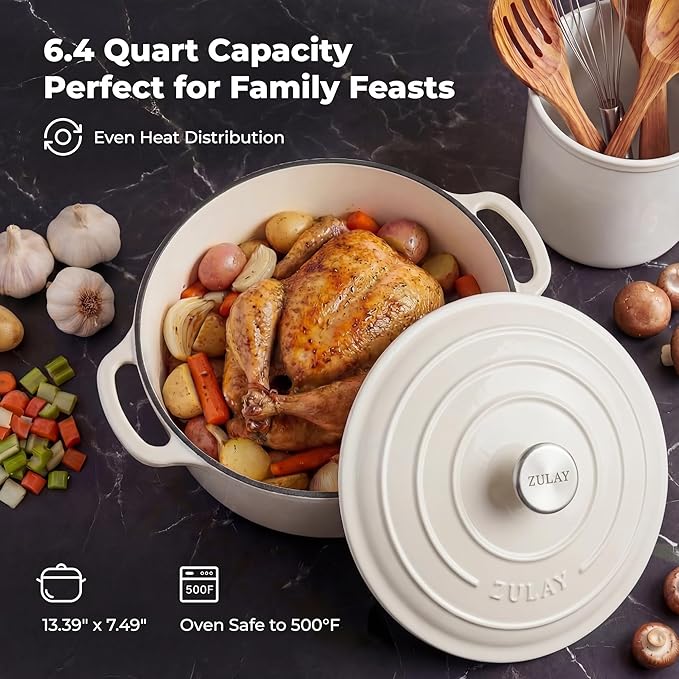 Zulay Kitchen 6 Quart Enameled Cast Iron Dutch Oven Pot with Lid – Premium Durability & Oven Safe up to 500°F – Heavy Duty Cookware Perfect for Bread Baking, Stews, Braising & Roasting - White