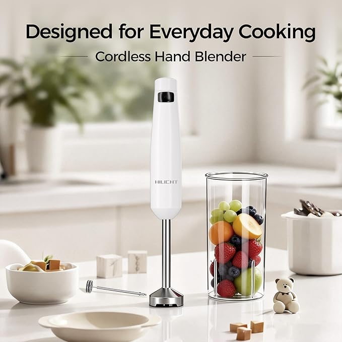 Cordless Hand Blender, 12V Rechargeable Immersion Blender with Brushless Motor, 60+ Bowls per Charge, 2-Blade, Auto Lock, Whisk & Frother for Soup, Smoothies, Baby Food