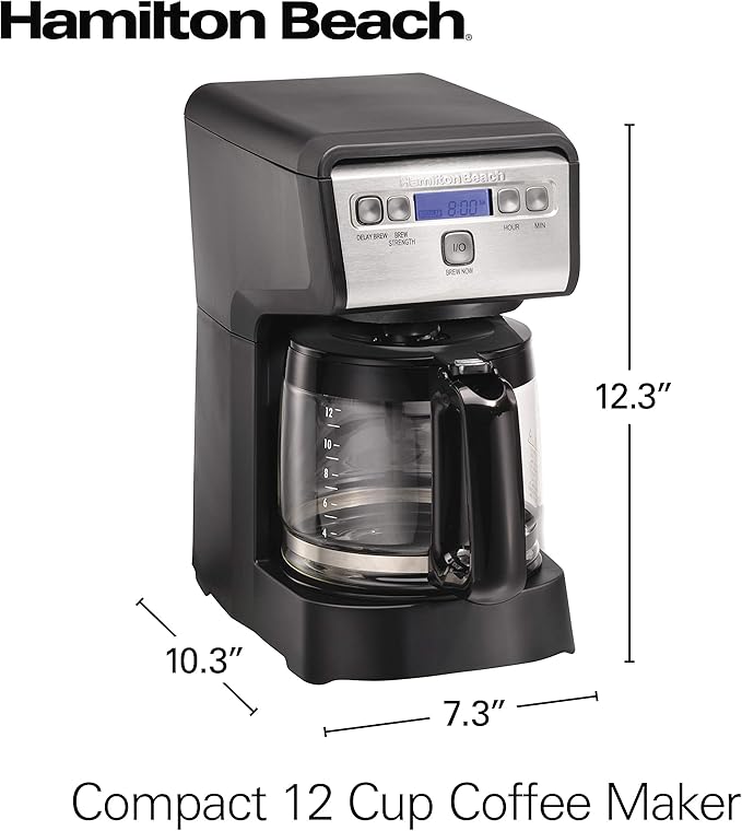 Hamiton Beach 12 Cup Compact Programmable Drip Coffee Maker with No-Drip Burosilicate Glass Carafe, 2-Hour Auto Shutoff, Space-Saving Design, Black with Stainless Steel Accents (46200)