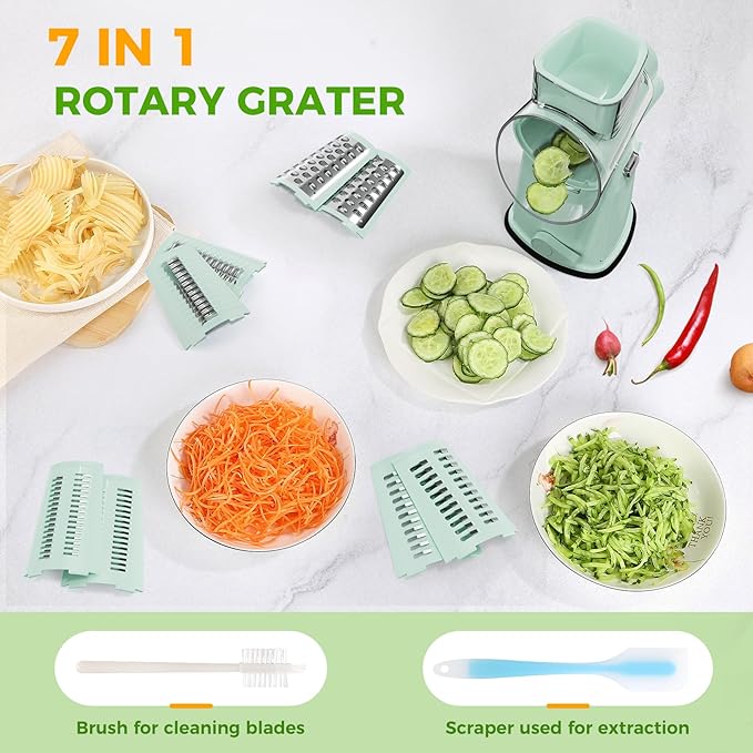 7 IN 1 Upgraded Rotary Cheese Grater with Handle – Vegetable Shredder with Built-in Storage Blade Slot, 5 Versatile Blades, Strong Suction Base Round Mandoline Slicer, Food Chopper for Kitchen