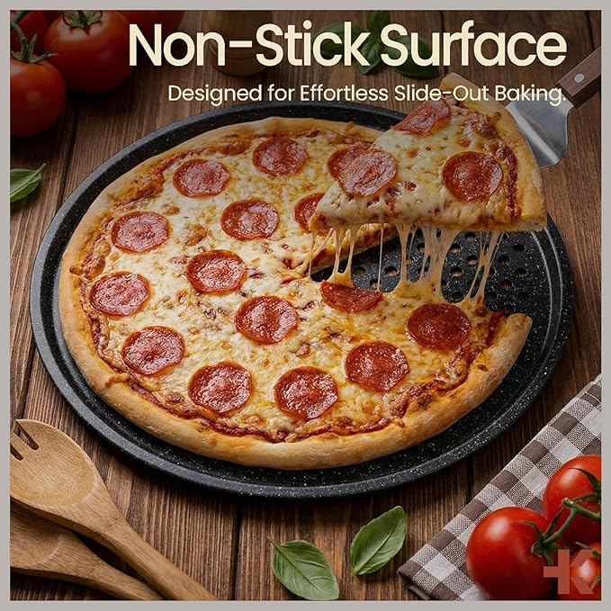 Non-Stick Pizza Pan with Holes - 13-Inch Perforated Pizza Crisper Carbon Steel Pizza Pan - 1 Round Pizza Trays PFOA PFOS and PTFE Free