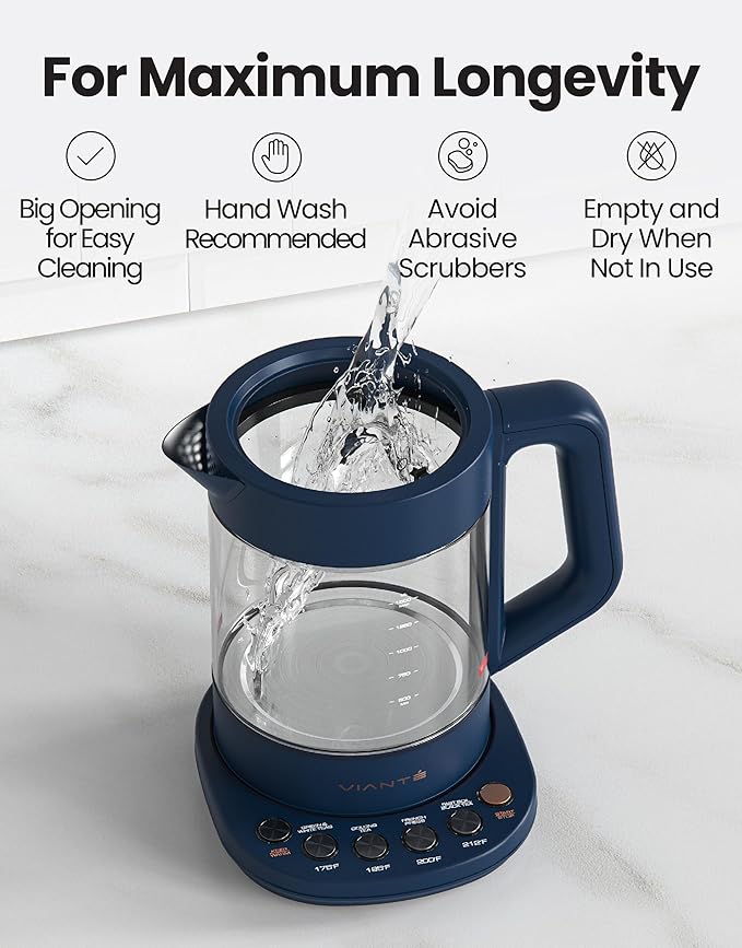 Vianté Electric Kettle With Infuser. No Plastic In Contact With Water. Hot Tea Maker With Temperature Control And Automatic Shut Off. 1.5 Liters Capacity | Midnight Blue Color