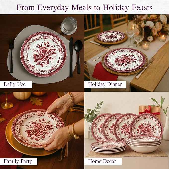 Tudor Royal 12-Piece Round Porcelain Dinnerware Set, Service for 4 - Victoria RED Design, Red Floral, Plates Bowls Dishes, Premium Quality Tableware, Unique Pattern, Glossy