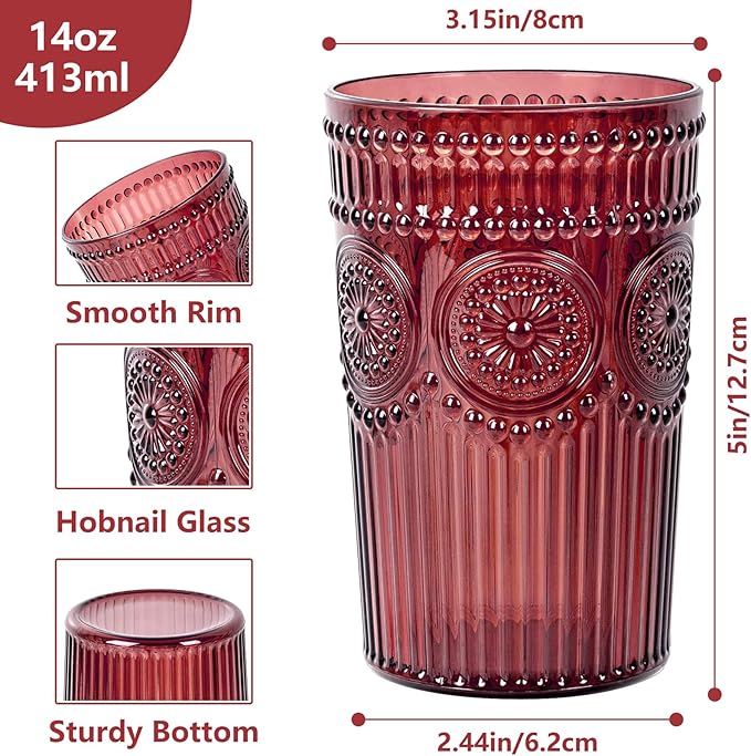 Ciaell 12 Pack Romantic Plastic Water Glasses - 14 Oz Burgundy Vintage Drinking Glasses, Embossed Ribbed Plastic Cups, Textured Striped Set for Juice, Beverages, Beer, Cocktail