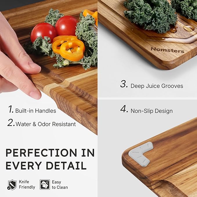 3 Pack Teak Wood Cutting Board Set with Holder Non Slip Over Sink Wooden Chopping Board for Fresh Meat Vegetable Thick Haus Perfect for Charcuterie Juice Groove Kitchen Accessories - FSC Certified