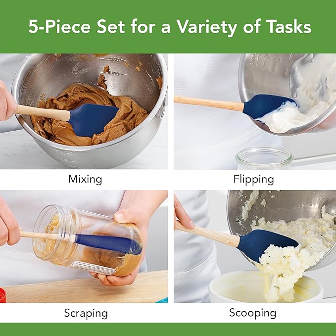 Tovolo Silicone Spatula with Wooden Handle Set of 5 Piece Silicone Kitchen Utensil Set Spoonula Jar Scraper Mini Spatula and Spoonula for Cooking Baking Mixing Folding Deep Indigo
