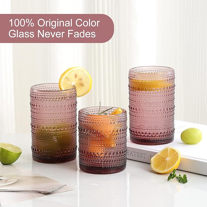 ZMOWIPDL Vintage Glassware Drinking Glasses Set of 12,Purple 12oz & 15oz Hobnail Glass Cups,Embossed Water Tumbler,for Beer,Cocktail,Whiskey,Juice and Various Mixed Drinks- 1 Cleaning Brush