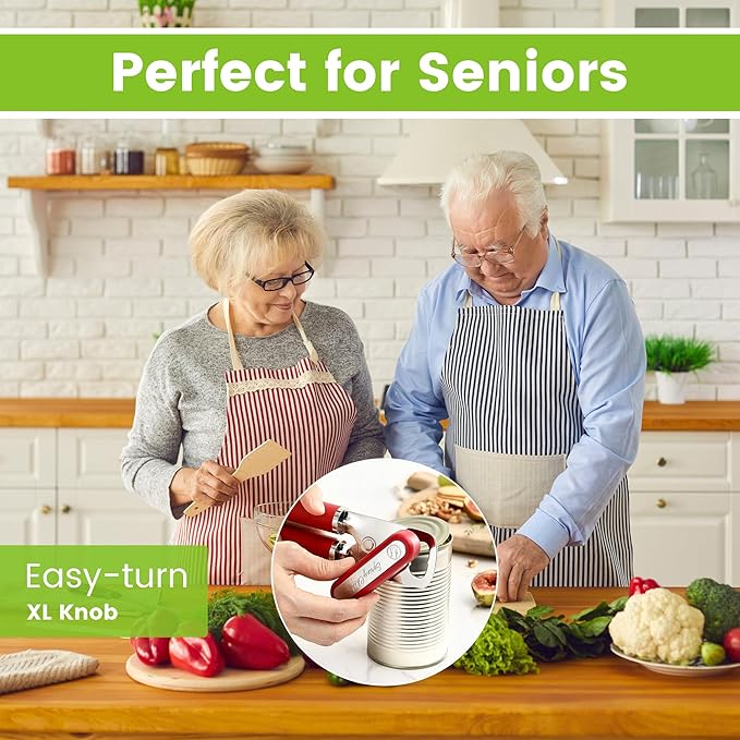 Spring Chef Stainless Steel Can Opener - Manual with Soft Grip Handles, Easy Turn, Heavy Duty Hand Can Opener for Seniors with Smooth Edge - Red