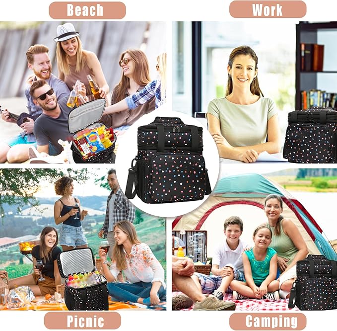 Expandable Insulated Lunch Box, Double Deck Lightweight Large Lunch Bag Tote Leakproof Cooler Bags for Women Adults Work Outdoor Picnic Daytrip, Polka Dots, 16L