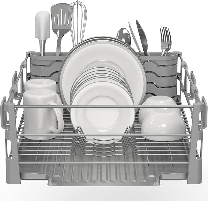 Simple Houseware Dish Drying Rack with Drainboard, Utensil Holder & Mug Hooks, Silver Metal Kitchen Counter Organizer