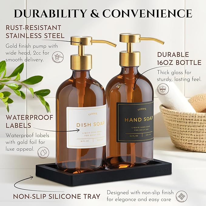 Glass Soap Dispenser Set of 2 (Amber) with Silicone Tray | Hand and Dish Soap Dispenser for Kitchen and Bathroom | 16.8 Oz Glass Bottles with Stainless Steel Pump & 15 Waterproof Labels (Amber/Gold)