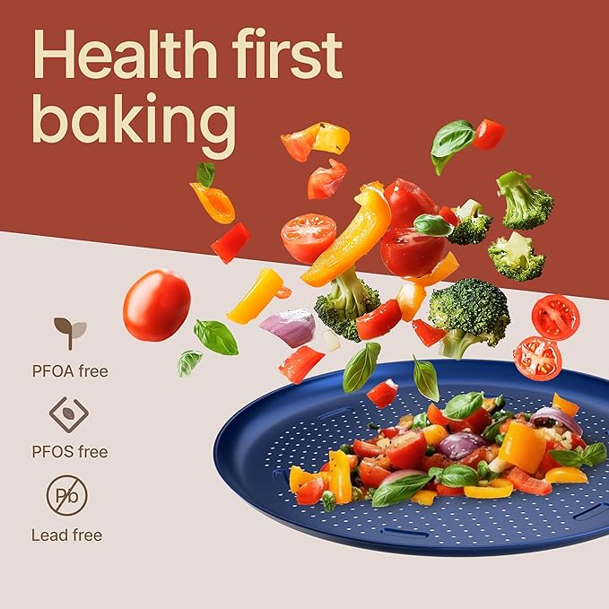 Bakken 16 Inch Non-Stick Pizza Pan 2 Pack, Round Carbon Steel Pizza Tray with Perforated Holes, PFOA, PFOS, & PTFE-Free, Dishwasher & Oven Safe Up To 450°F, Durable Nonstick Coating, Blue