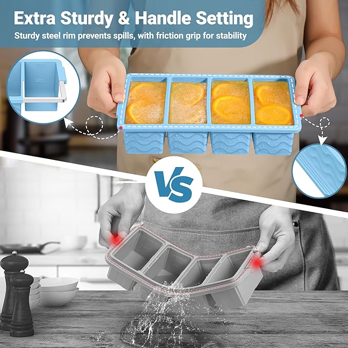 Silicone Freezer Molds for Soup with Lid, 1-Cup & 2-Cup Large Ice Cube Trays Food Storage Containers for Meal Prep, Freeze 500mL/250mL/125mL Portions – 2 Pack