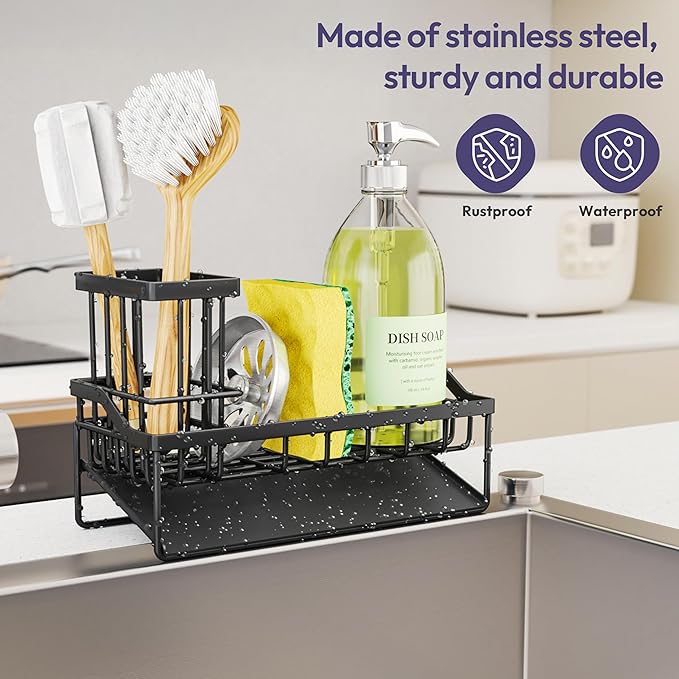 SWTYMIKI Sink Caddy Sponge Holder - Kitchen Sink Organizer with Stainless Steel Self Drain Tray & High Brush Holder for Countertop to Hold Dish Soaps and Sponges, Stainless Steel, Black