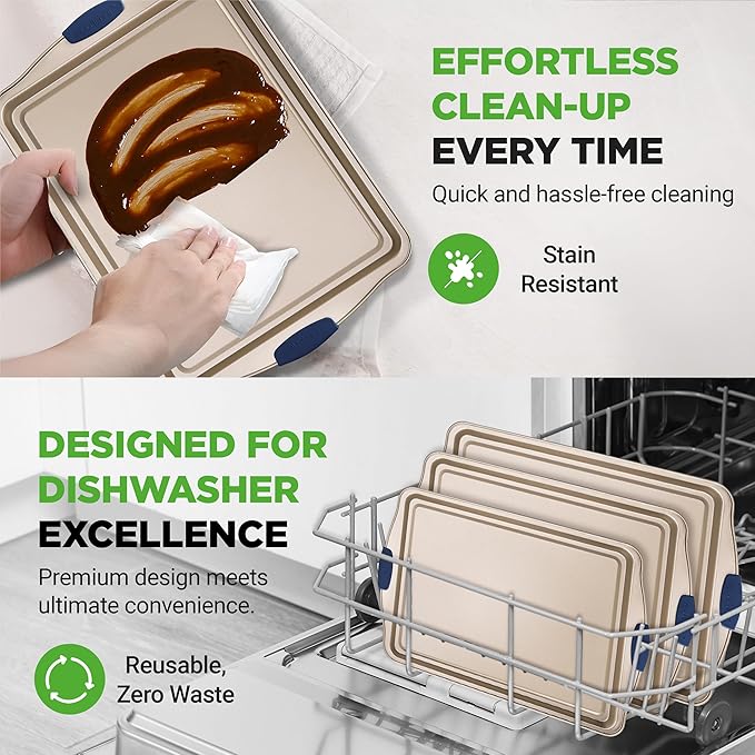 NutriChef Nonstick Baking Pans Set - Carbon Steel Bakeware with Blue Silicone Handles, Even Heat Distribution, Durable & Reliable 3-Piece Cookie Sheet Set in Small, Medium, Large Sizes (Gold)
