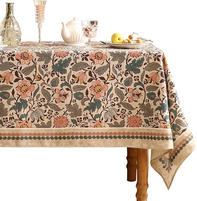 ISAENNE Designer Boho Floral Long Rectangle Tablecloth,Linen Lotus Flower Pattern Colorful Indoor Table Cloth,Durable Decor Tablecloths for Dining Thanksgiving Kitchen Christmas,63"*94"-Hazel A