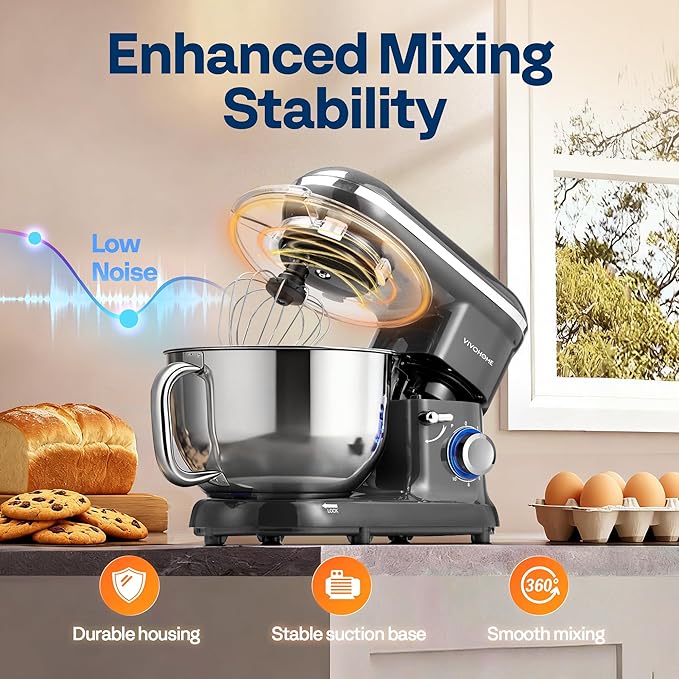 VIVOHOME Stand Mixer, 660W 10 Speed 6 Quart Tilt-Head Kitchen Electric Food Mixer with Beater, Dough Hook, Wire Whip and Egg Separator, Gray