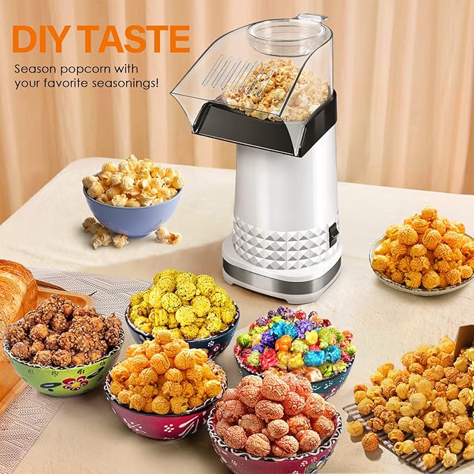 4.5 Quarts No Oil Electric Popcorn Machine with Measuring Cup + Melts Butter, Quick & Easy Hot Air Popcorn Popper Maker with On/Off Switch, Etl Certified, Air Popper for Movie Nights Parties(White)