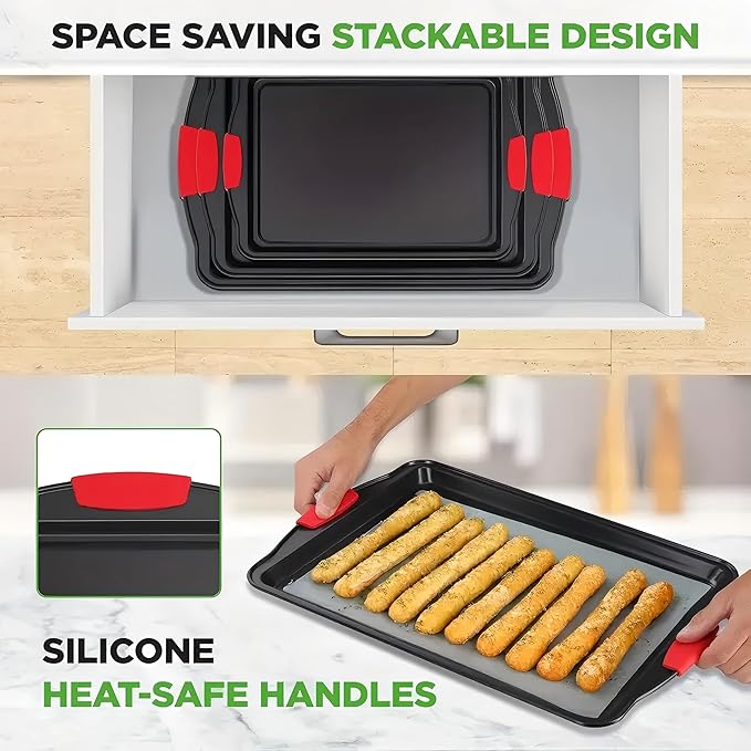 3PCS Carbon Steel Non-Stick Baking Pan | Commercial Restaurant Grade, Double-Sided Non-Stick Coating, Luxurious & Stylish Design with Red Silicone Handle - Oven Safe Kitchen Bakeware