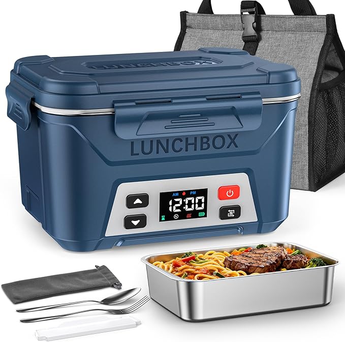 EAST OAK Heated Lunch Box for Men, Electric Lunch Box for Adults, 5.5 Cups Cordless Portable Food Warmer, Rechargeable Self Heating Food Heater with Memory Function, Automatic Keep Warm(Classic Blue)