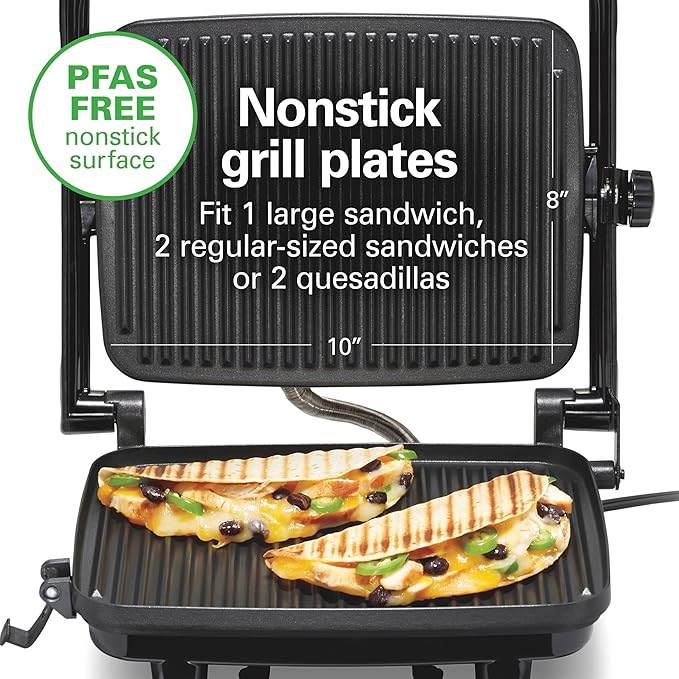 Hamilton Beach Panini Press Sandwich Maker & Electric Indoor Grill with Locking Lid, Opens Wide to Fit Any Thickness for Quesadillas, Burgers & More, Nonstick 8" x 10" Grids, Chrome (25460MNA)