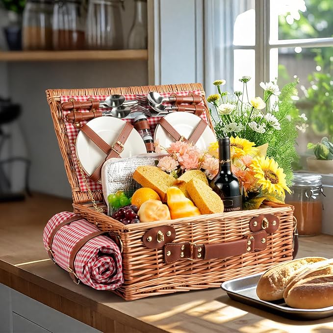 Wicker Picnic Basket Set for 4 Person with Cooler Compartment and Waterproof Picnic Blanket,Removable Strap,Wine Bag,Cutlery Set,for Camping,Day Travel,Beach,Hiking,BBQ and Family/Couples Gifts (Red)