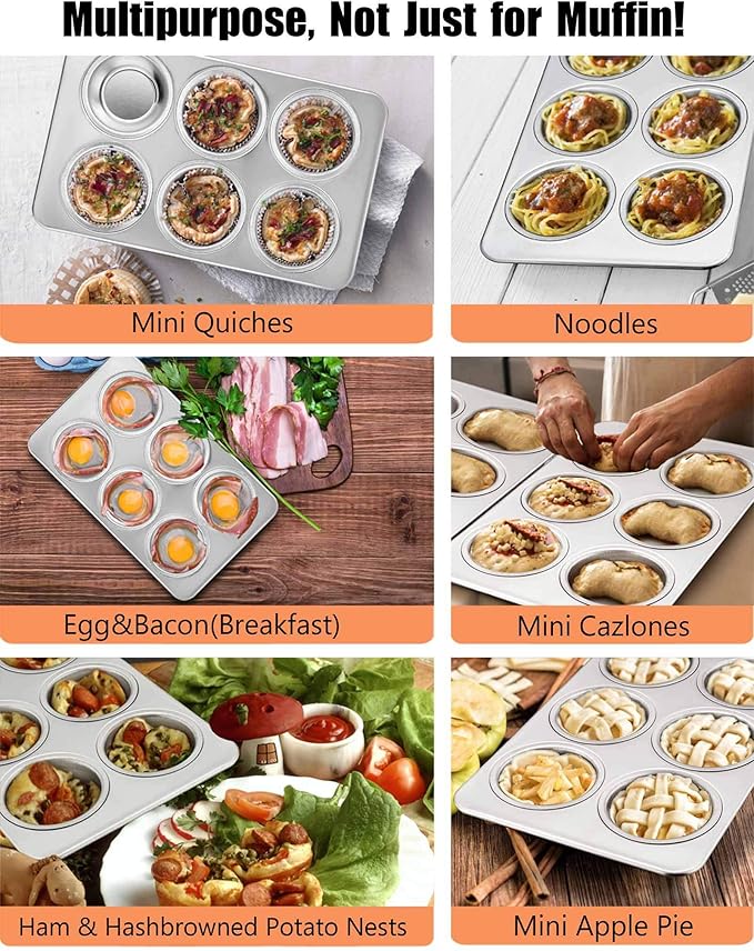 TeamFar Muffin Pan, 6 Cup Muffin Baking Tins Pans, Cupcake Pan Tray Set Stainless Steel for Baking Cakes Cornbread Tarts and More, Healthy & Non Toxic, Oven & Dishwasher Safe - Set of 3