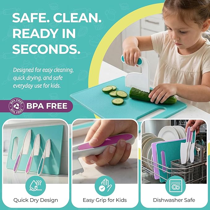 Tovla Jr Kids Safe Knife Set for Real Cooking | Toddler Knife Set with Chopper and Cutting Boards | Montessori Kitchen Tools with Visual Recipe Booklet | Ages 4 to 10