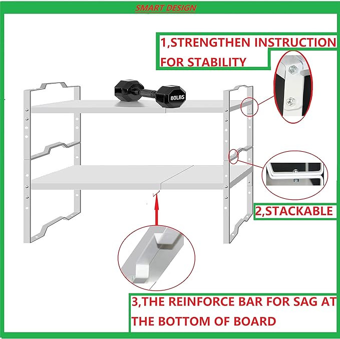 Expandable Shelf for Cabinet Organizer Adjustable Stackable Spice Rack at Kitchen and Bathroom more, Counter Countertop Cupboard Organization Pantry Storage(LARGE/3PACKS/WHITE)