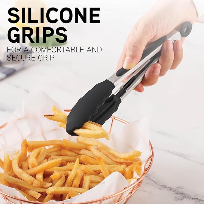 COOK WITH COLOR Stainless Steel Silicone Tipped Kitchen & BBQ Tongs Set, 3 Pc. Tongs, Black