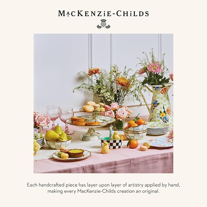 MACKENZIE-CHILDS Enamel Pedestal Platter, Round Cake Stand, Mini, Gray-and-White Sterling Check