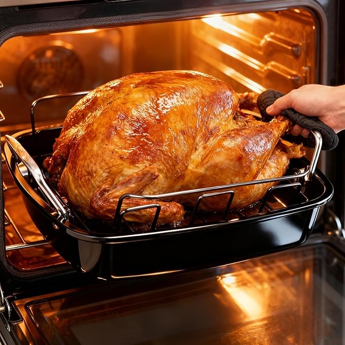 Large Nonstick Roasting Pan Kit with Rack (17x13 Inch) - Includes Baster, Pastry Brush & Twine for Turkey, Chicken, Ham - Even Heating, Easy Clean, Dark Grey