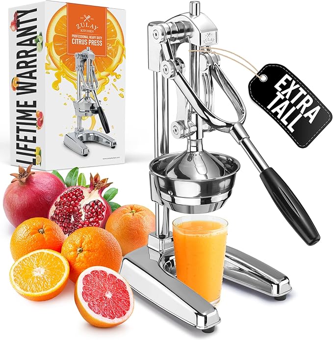 Zulay Kitchen Professional Citrus Juicer - Chrome Finish Manual Citrus Press and Orange Squeezer - Metal Lemon Squeezer - Extra Tall Heavy Duty Manual Orange Juicer and Lime Squeezer Press Stand